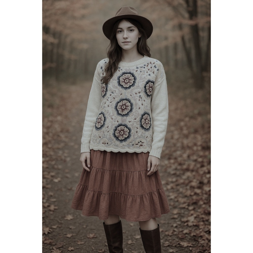 Jennifer Reed‎ HandKnitted Sweater M Floral Vintage Tapestry Boho Cottagecore